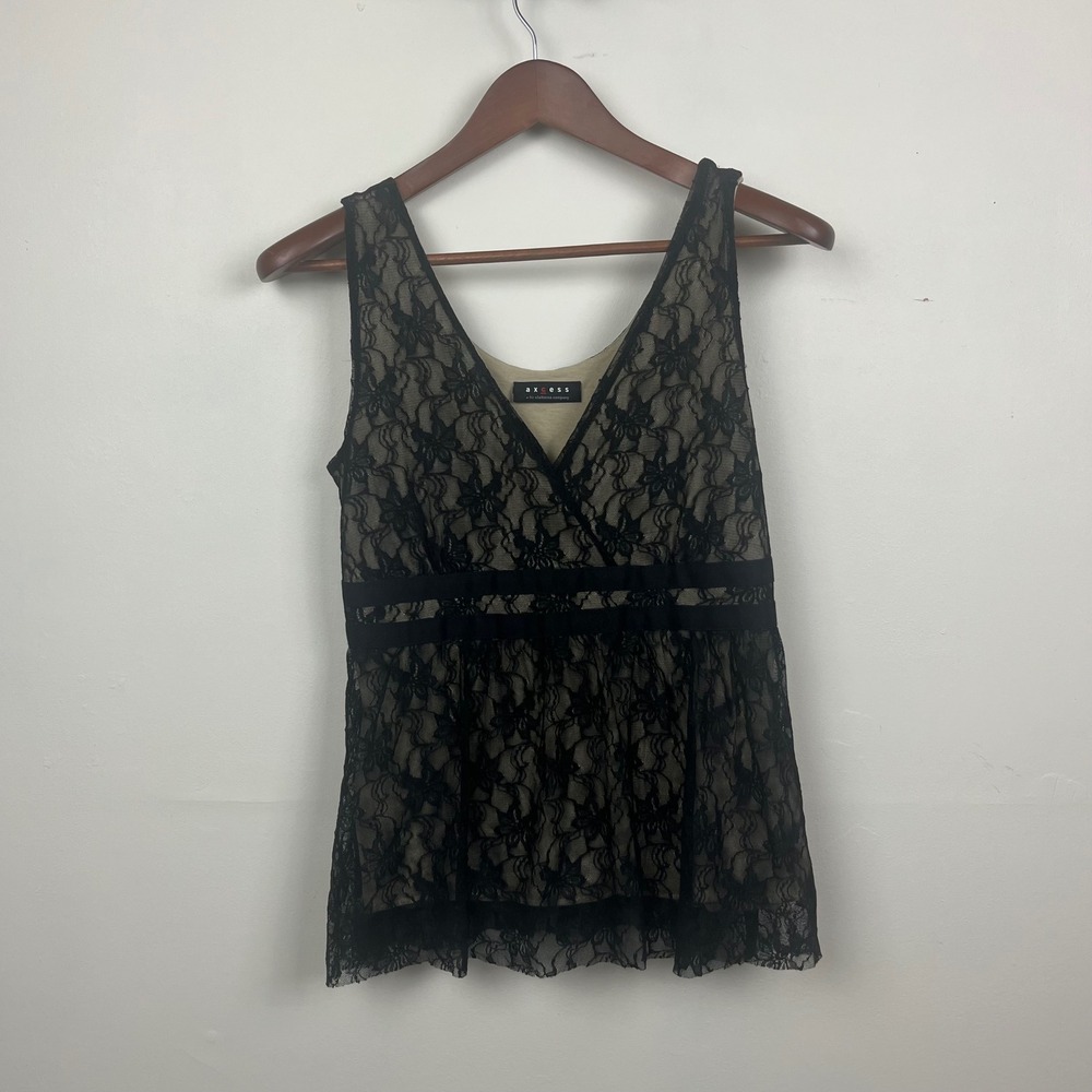 Axcess Women Black Floral Lace V-Neck Empire Waist Peplum Tank Top Medium